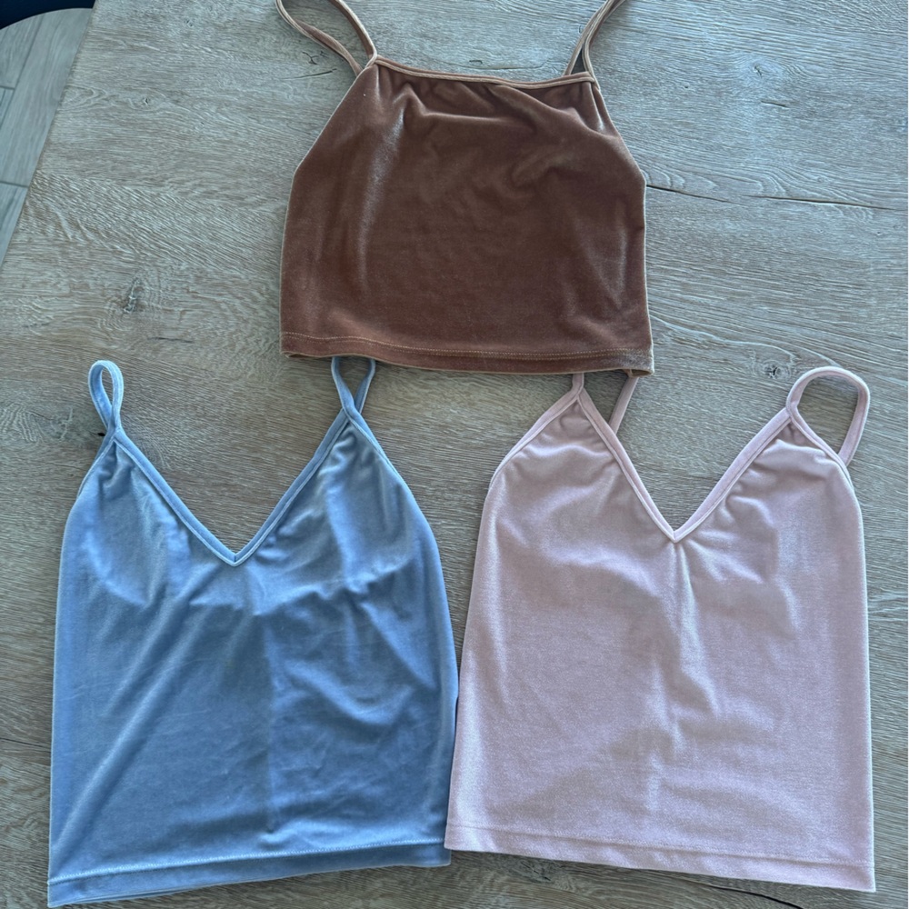 Brandy Melville Velvet Camisole Trio in Light Blue, Pink, and copper gold Tan